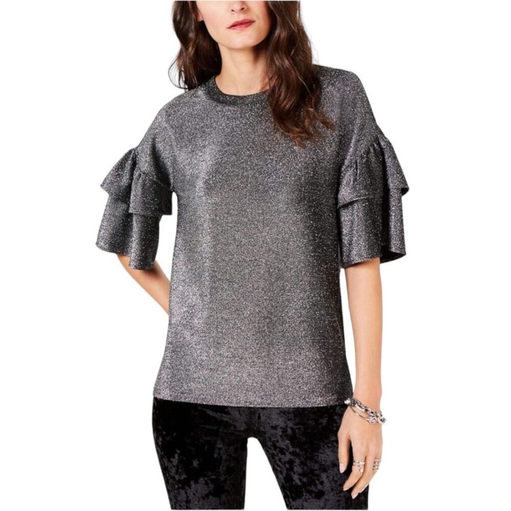 MICHAEL Michael Kors XL Sparkle Ruffled Bell Flares Sleeve Silver/Black Metallic